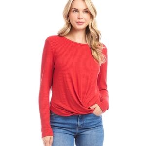 KAREN KANE Ribbed Long Sleeve Drape Front Crossover Top In Tomato Red Size XS